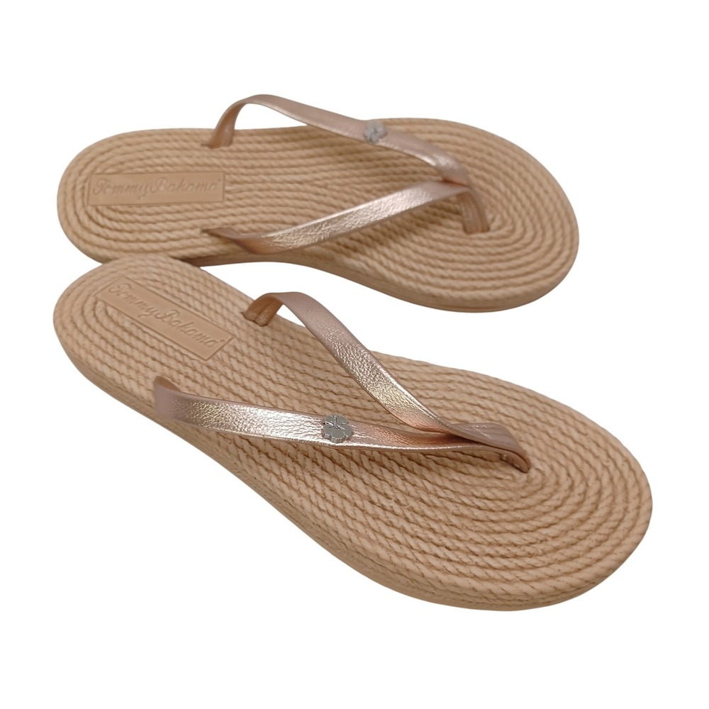 Tommy Bahama Womens Rose Gold Metallic Rope Textured Flip Flop Sandal Hibiscus 6